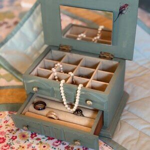 1970s Upcycled Vintage Wooden Jewelry Box with Mirror